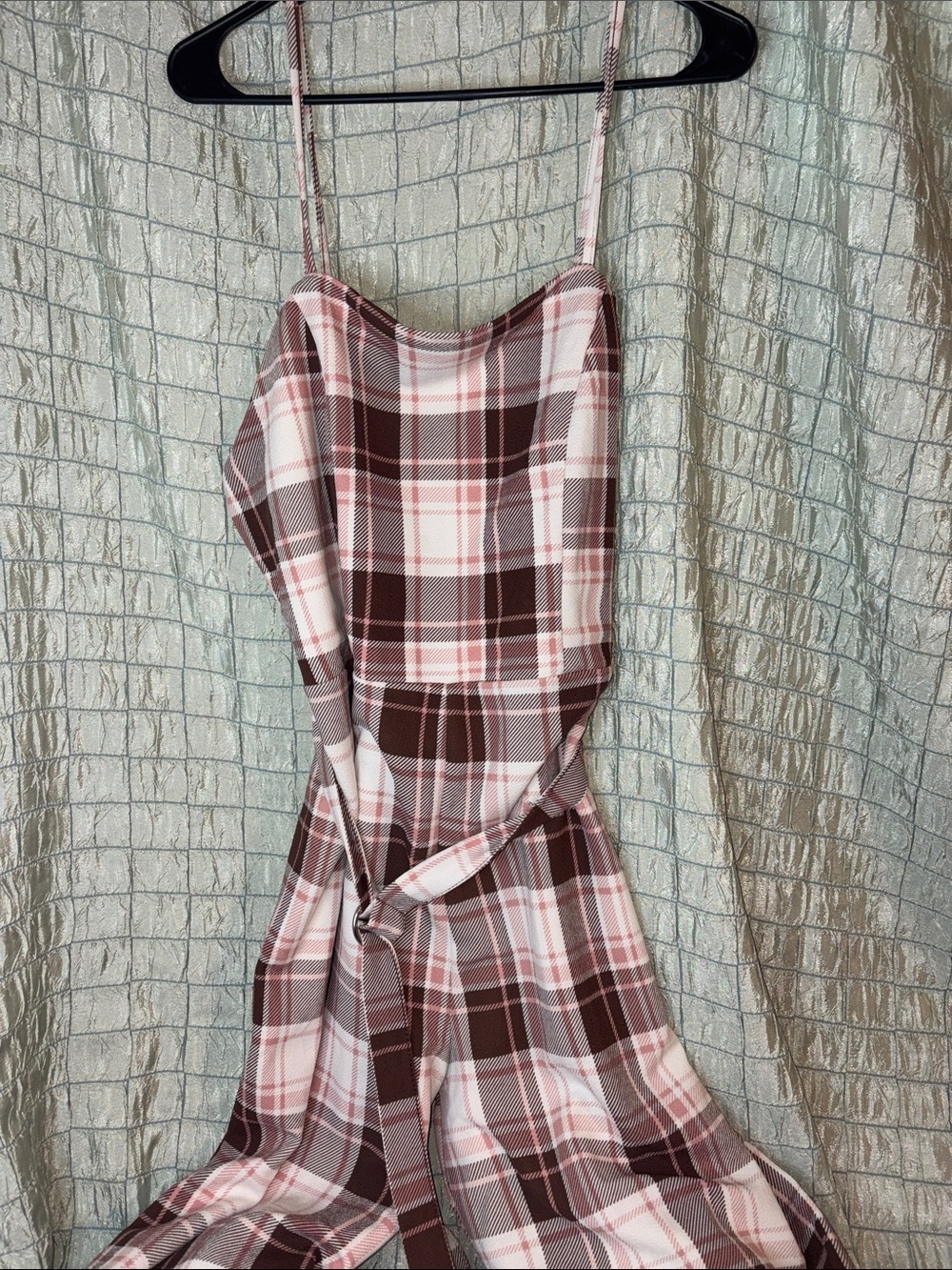 NOBO Pink and Brown Plaid Spaghetti Strap Jumpsuit